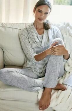Soft Surroundings Fireside Cowl Neck Sweater Womens M Gray Striped Pullover